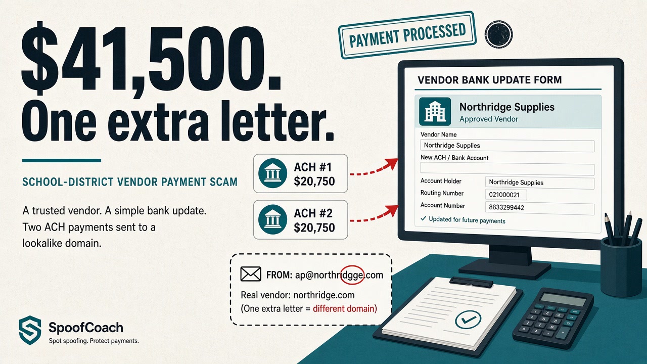 Lookalike vendor email redirected ACH payments