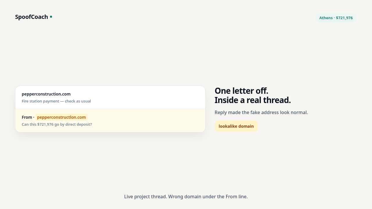 Athens lost $721,976 after lookalike Pepper Construction domains entered a real email thread